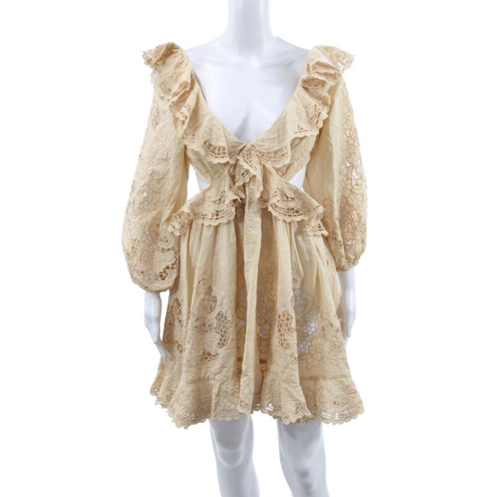 Zimmermann Womens Mini Lace Floral V-Neck Long Sleeve Zip Dress Beige Size 1